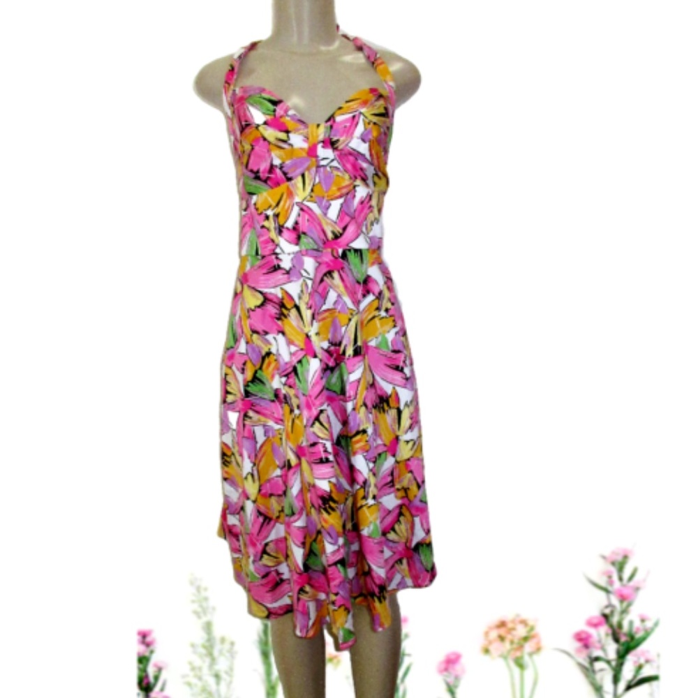 VICKY TIEL L Floral Print Stretch Halter Dress